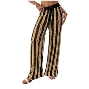 Bsubseach Black Brown Stripe Open Knit Crochet Swim Coverup Pants Womens Size L